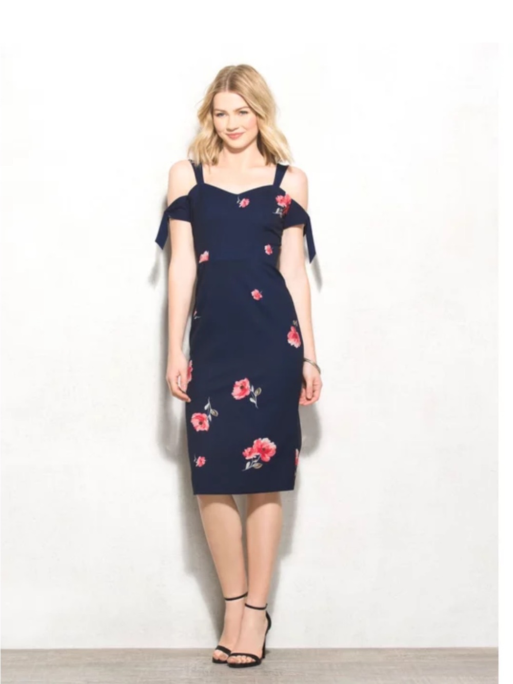 Beyond by Ashley Graham Navy Cold-Shoulder Dress with Floral Pattern